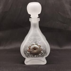 Vintage Astuni Frosted Glass Perfume Bottle with Metal Flower Made in Italy